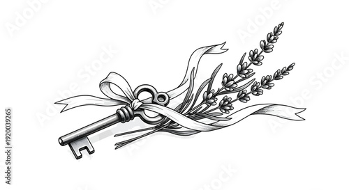 Elegant black and white illustration of a vintage skeleton key tied with a ribbon to a sprig of lavender.
