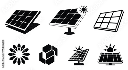 Solar panel designs vector set, includes energy panels with sun illustration, clean power solutions, renewable energy, and sustainable technology concepts for illustration, branding, and environmental