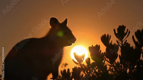 A Quokka stands silhouetted against a vibrant golden sunset, observing its surroundings amidst native Australian flora.