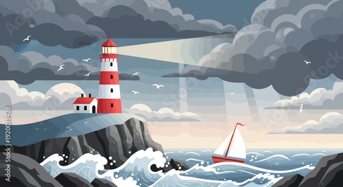 A lighthouse on a rocky coast guides a sailboat through a stormy sea with dramatic clouds and sunbeams.