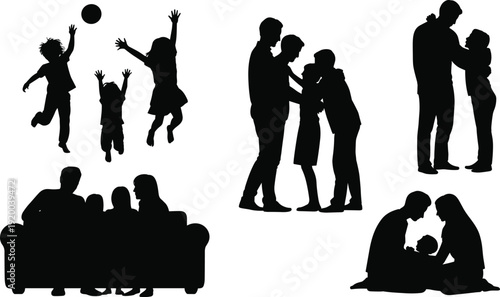 Happy family silhouette set with parents and children playing ball, hugging, sitting on sofa, and bonding together in various joyful domestic scenes.