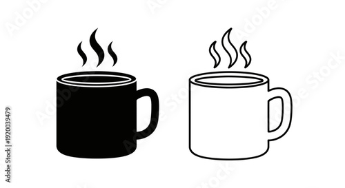 Two coffee cups with steam, hot coffee, black and white cups, beverage, drink Vector