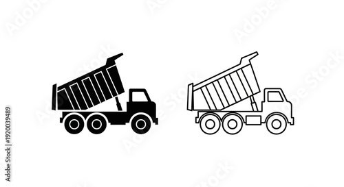 Two dump trucks illustration, vector icon, construction vehicle, black and white Vector