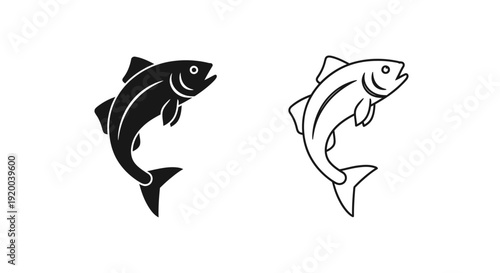 Two fish swimming in water, black and white line art illustration of aquatic life Vector