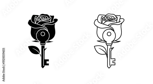 Two roses with keyhole and key, black and white line art illustration Vector