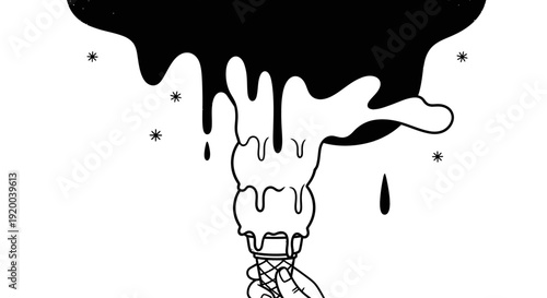 A surreal black and white line drawing of a hand holding an ice cream cone being covered by a dripping black substance from above.