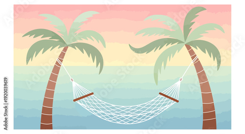 A relaxing hammock hangs between two tropical palm trees on a beach with a colorful pastel sunset sky over the ocean.