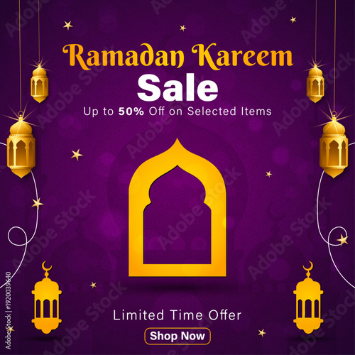 Ramadan Kareem Sale Purple Luxury Banner, Islamic Holiday Promotion with Golden Lanterns and Arch, Purple Ramadan Discount Poster for Social Media, Elegant Vibrant Ramadan Kareem Special Offer Templat