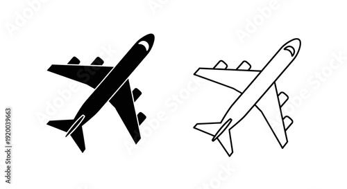 Two black and white airplanes, one solid and one outlined, side by side, aviation icons Vector