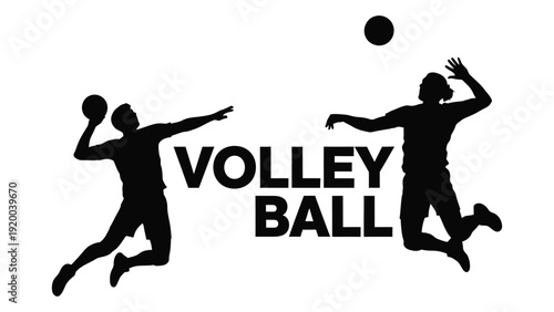 Two silhouetted volleyball players jumping to hit a ball in mid-air isolated on white background, Vector