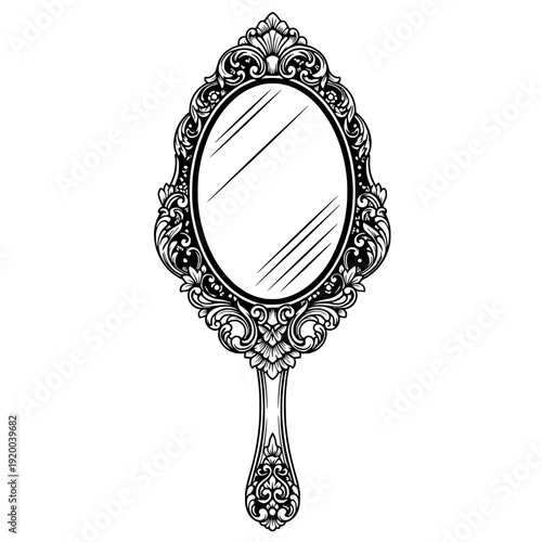 An ornate hand-held mirror with intricate designs is being held upright from its handle
