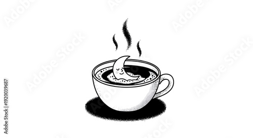 A whimsical black and white illustration of a smiling crescent moon bathing in a steaming hot cup of coffee.