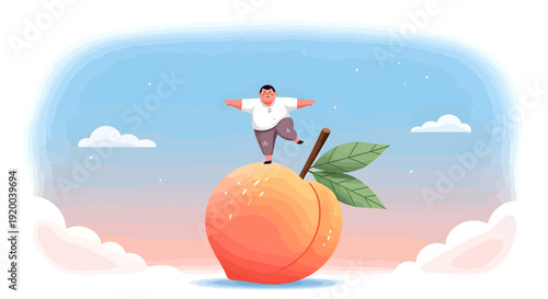 A whimsical illustration of a man balancing on one leg atop a giant peach floating in a dreamy sky with clouds.