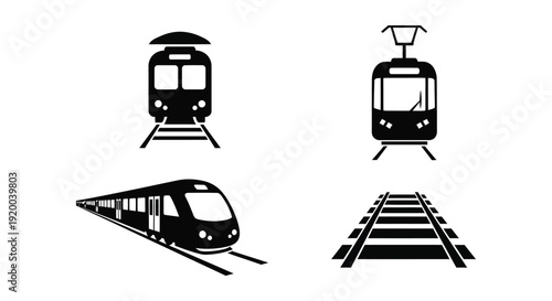 Collection of train and tram vector graphics showing various forms of rail transportation and infrastructure design