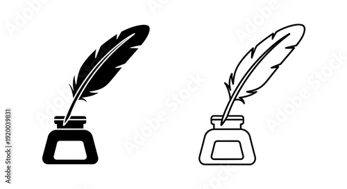 Two quill pens with inkwell, vintage illustration, black and white sketch Vector