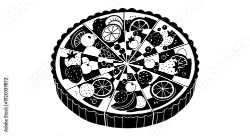 A black and white graphic illustration of a sliced fruit tart with various toppings and patterns.