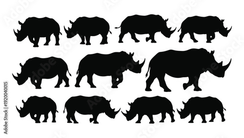 A diverse collection of rhinoceros silhouettes in various poses and orientations. isolated on white background, Vector
