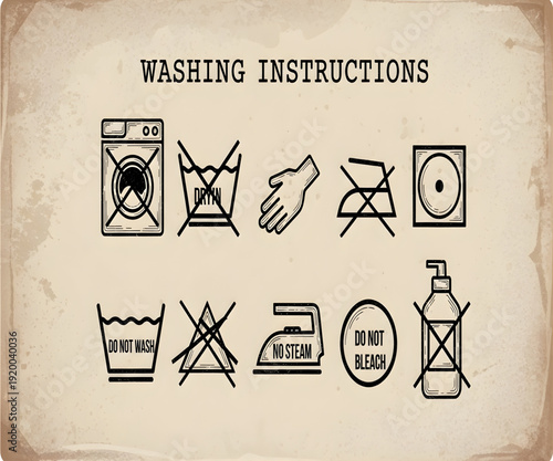 Laundry care symbols on textured vintage paper background
