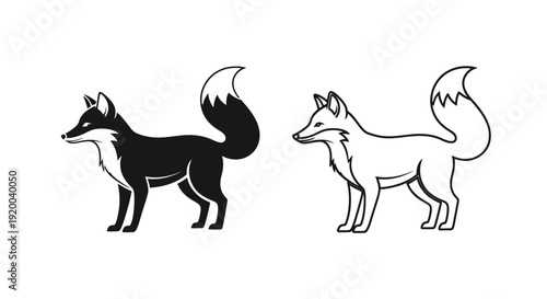 Fox and wolf illustration, animal silhouettes, nature drawing, wildlife art, black and white Vector