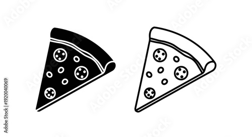 Two slices of pizza with different toppings in black and white illustration Vector
