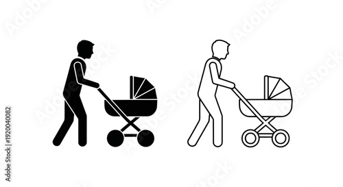 Diverse parents pushing strollers, family, parenting, childcare, icon, symbol, vector Vector