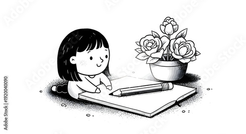 A charming black and white illustration of a little girl lying on the floor to draw in a sketchbook next to a pot of roses.