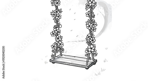 A delicate black and white line drawing of a wooden swing adorned with blooming flowers, hanging from a faint tree branch.