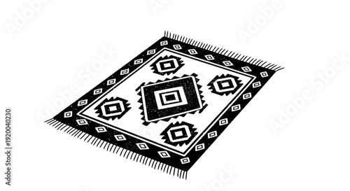 A black and white illustration of a rectangular area rug with a bold geometric, tribal-style pattern and fringed edges.