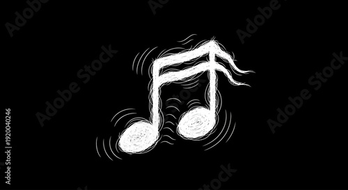 A hand-drawn white musical note with vibration lines on a solid black background.