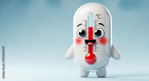 Sick Thermometer Character with Fever and Thermometer in Mouth on Blue Background