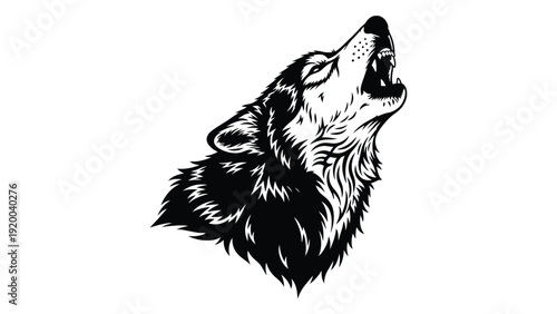 A detailed black and white illustration of a wolf howling at the moon isolated on white background, Vector