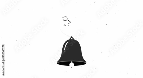 A minimalist black and white animation of a swinging bell with a serene, smiling face acting as the clapper, symbolizing peace and mindfulness.