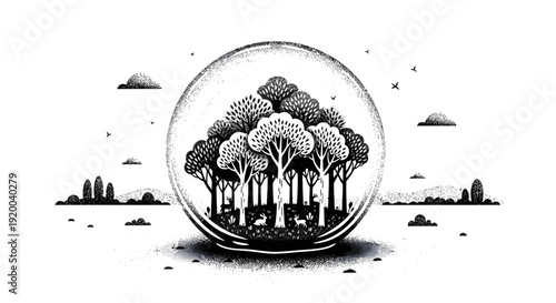A black and white illustration of a miniature forest ecosystem protected inside a transparent glass sphere.
