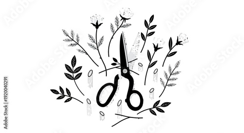 A black and white illustration of sewing scissors cutting a thread, surrounded by decorative cotton plant branches and leaves.