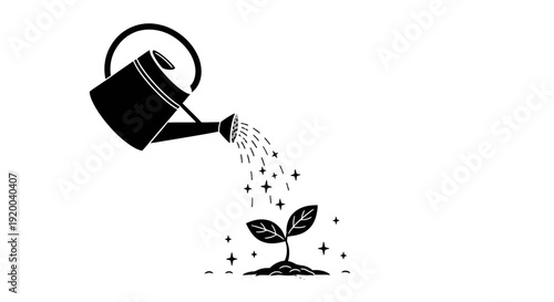 A black silhouette illustration of a watering can pouring sparkling water onto a small, growing plant sprout.