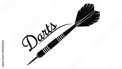 A stylish black and white dart with the word darts written in cursive isolated on white background, Vector