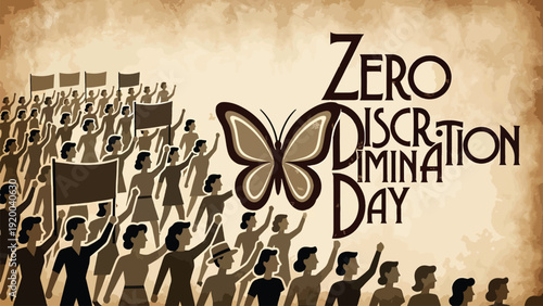 Zero discrimination day vintage illustration of diverse crowd marching holding flags for equality and social justice awareness.