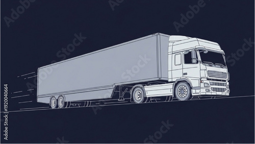 Detailed vehicle autocad blueprint of a large truck on a dark background from a side viewpoint