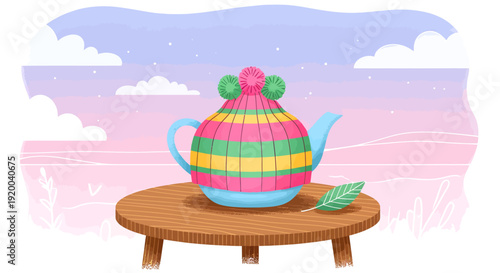 A whimsical blue teapot wearing a colorful knitted tea cozy on a wooden table outdoors.