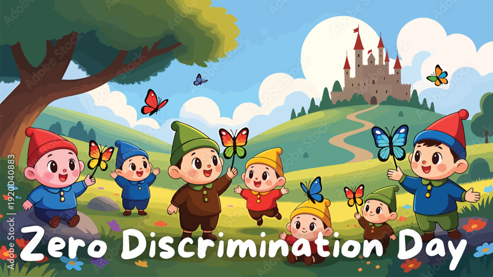 Obraz premium Cute cartoon gnomes celebrating zero discrimination day in sunny landscape with butterflies and castle background for educational diversity concept