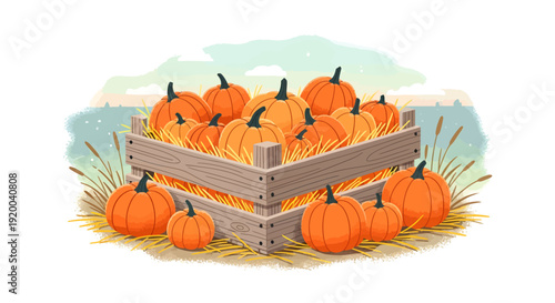 A wooden crate overflowing with ripe orange pumpkins sitting on hay in a field.