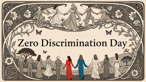 Vintage art nouveau style zero discrimination day poster with people holding hands and floral frame for equality celebration and communal solidarity