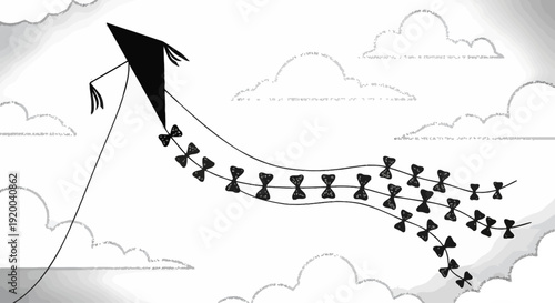 A black and white illustration of a kite with a long, bow-tied tail flying high in a cloudy sky.