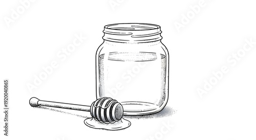 A hand-drawn sketch of an empty glass honey jar with a wooden dipper resting in a puddle of honey on a white background.