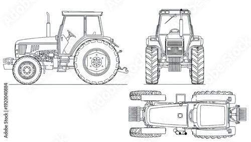 Detailed vehicle autocad blueprint of a tractor from multiple viewpoints showcasing technical drawing skills and precision engineering