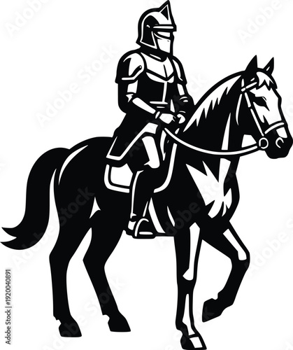 Black and White Vector Illustration of a Knight in Full Armor Riding a Horse, Medieval Warrior on Equine, Graphic Art for Historical Themes, Fantasy, and Gaming