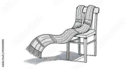 A detailed black and white line drawing of a long, knitted, patterned scarf with tassels draped over a simple wooden chair.