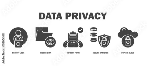 data privacy banner web icon vector illustration featuring icons of privacy lock, hidden data, consent form, secure database, private cloud.