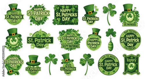 St Patricks Day collection festive green clover and leprechaun hat icons perfect for holiday greetings and promotions