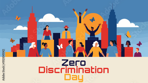 Zero discrimination day banner showcasing a diverse group of people celebrating together in a vibrant cityscape under a sunny sky